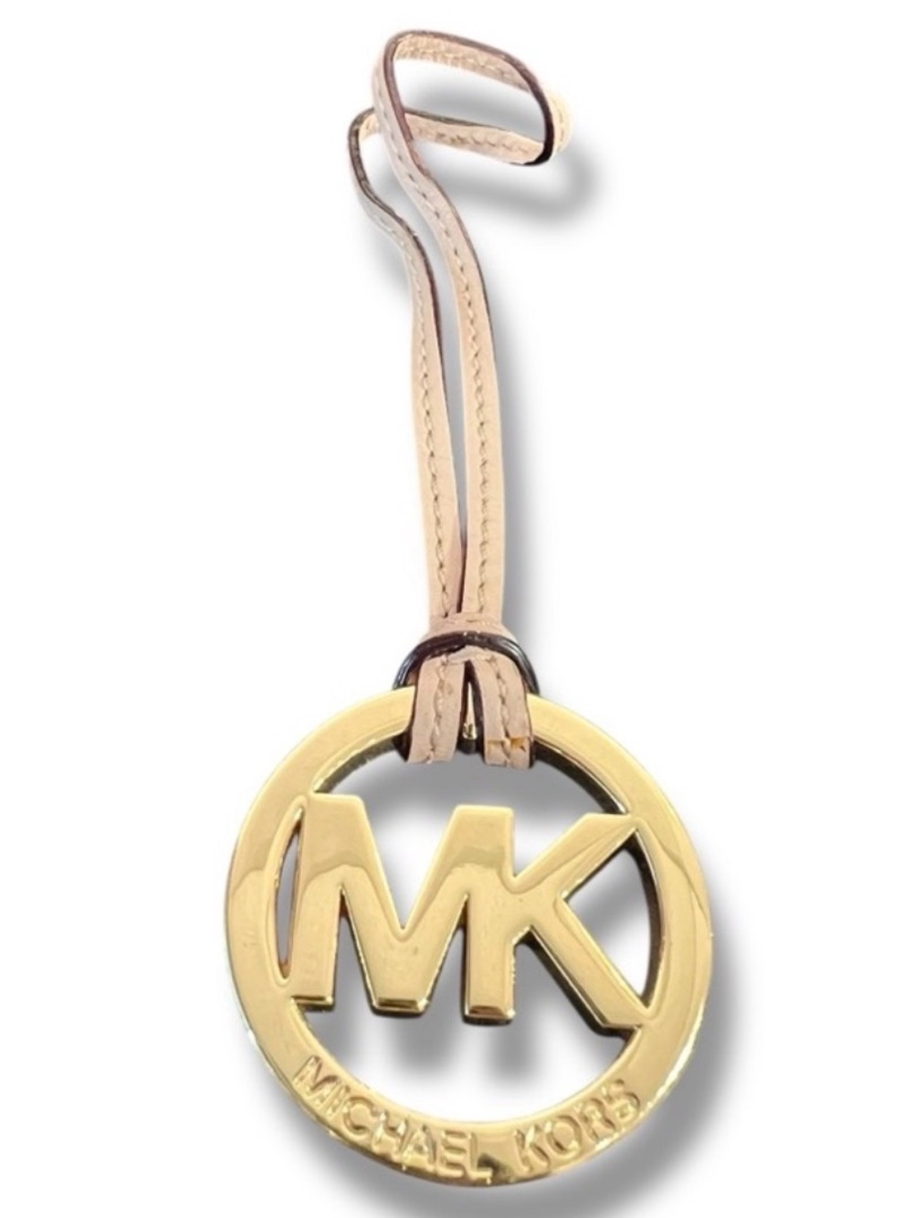 MICHAEL KORS GOLD-TONE & NUDE LEATHER SIGNATURE MK MEDALLION BAG CHARM 🌟EUC🌟
